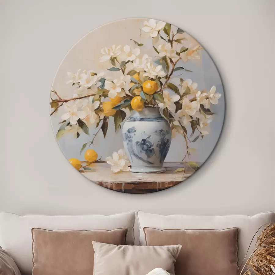 carta da parati Vaso con rami di fiori bianchi e pittura a imitazione di limone nr. r42360