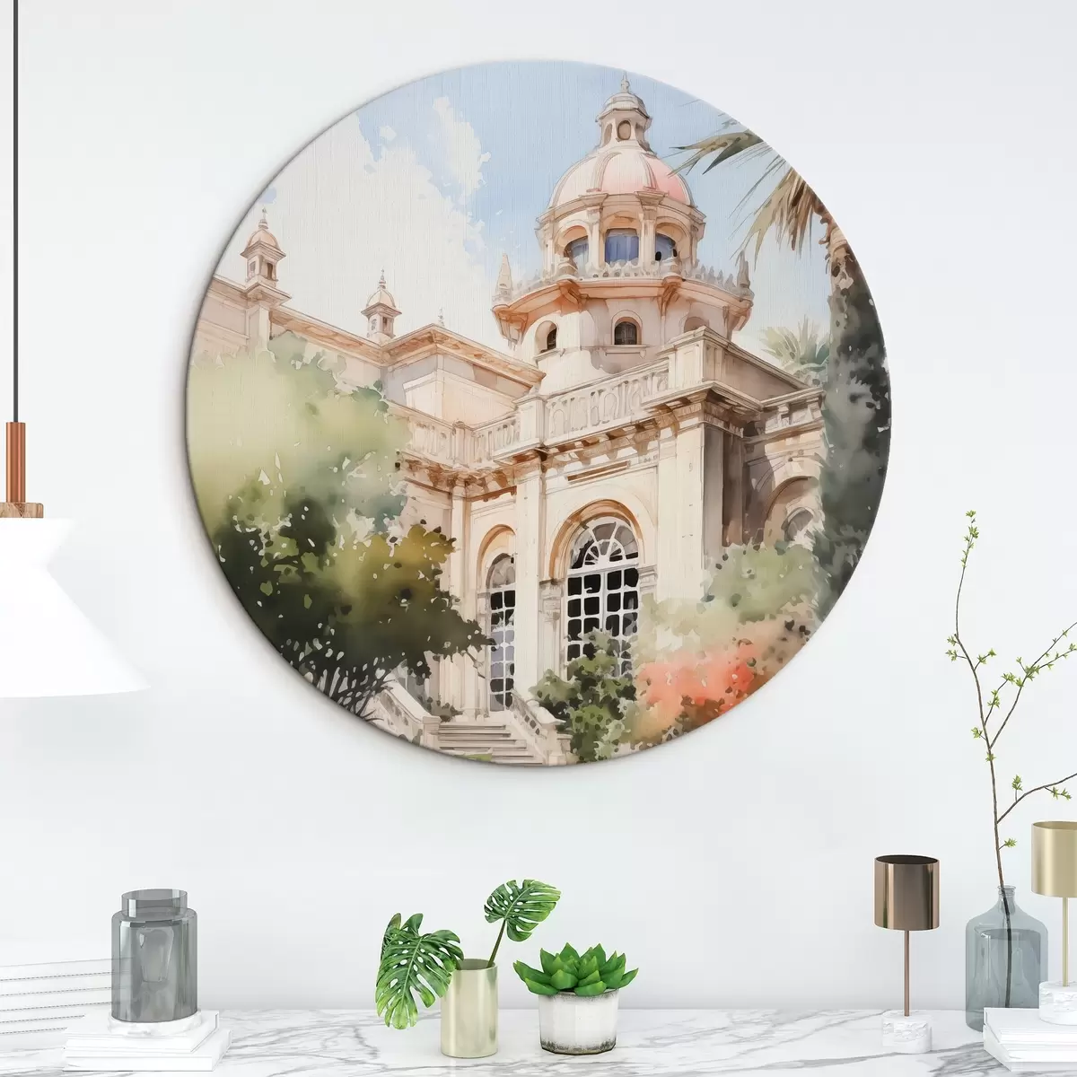 Quadri rotondi Giardino vicino alla casa imitazione acquerello r42362