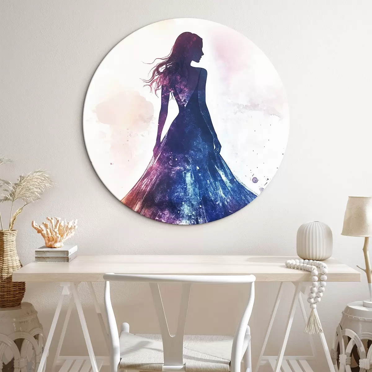 Quadri rotondi Silhouette di una ragazza in stile acquerello r42078