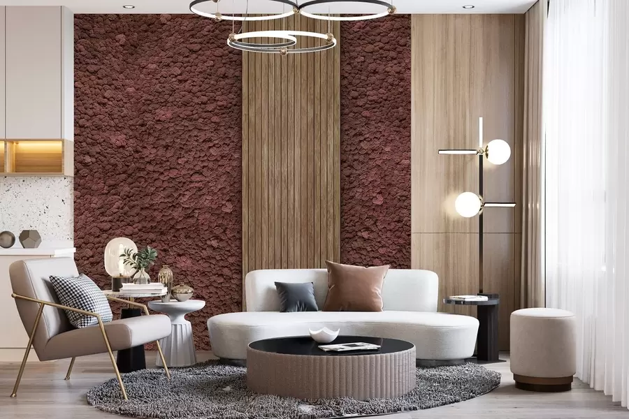 carta da parati Parete in stile muschio con pannello in legno, colori lussureggianti bordeaux nr. w02656v1