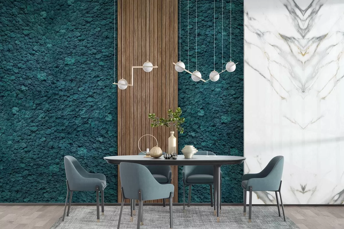 carta da parati Parete in stile muschio con pannello in legno, colori blu intenso nr. w02656v2