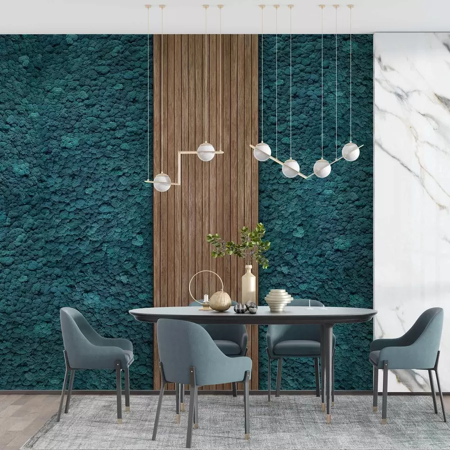 carta da parati Parete in stile muschio con pannello in legno, colori blu intenso nr. w02656v2