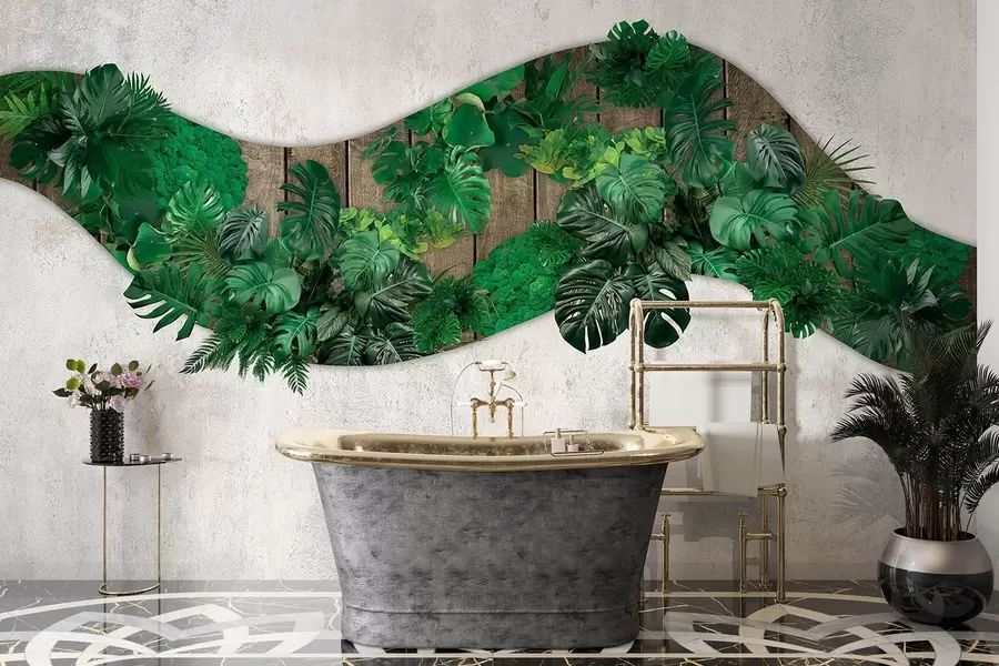 carta da parati Ornamento da parete con piante, muschio, foglie di palma, sfondo in legno, verde nr. w02658v1