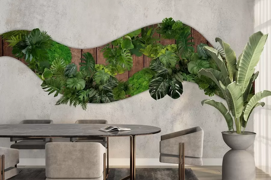 Carta da parati nature Ornamento da parete con piante, muschio, foglie di palma, sfondo in legno 