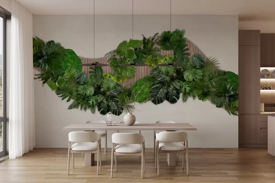 carta da parati Pannello floreale con foglie di palma, muschio e sfondo in legno nr. w02717