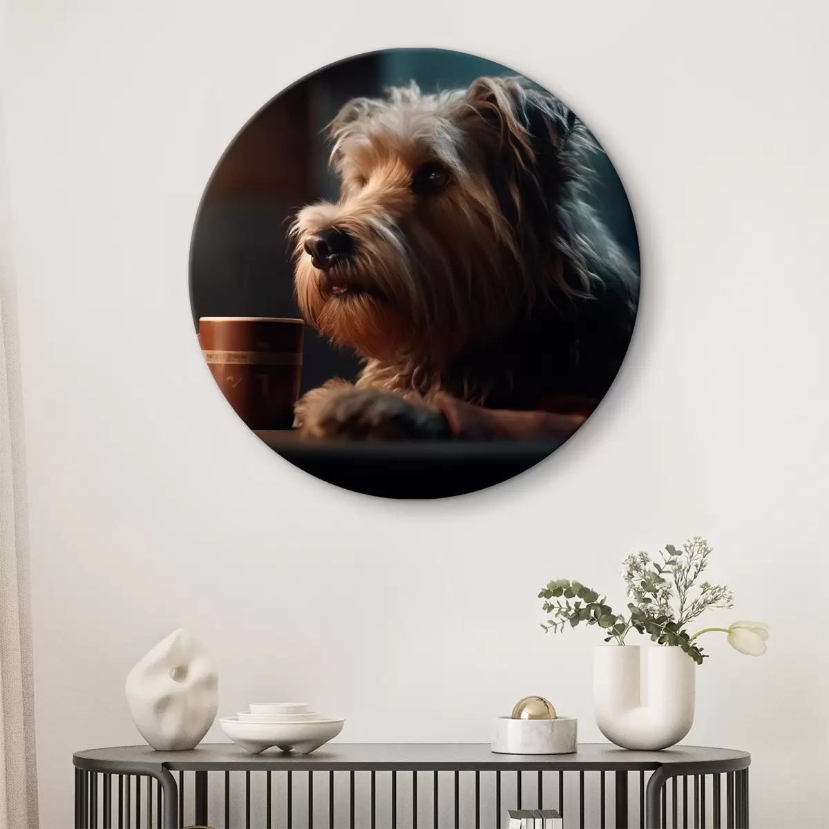 Quadri rotondi Una tazza di tè e un cane r32153