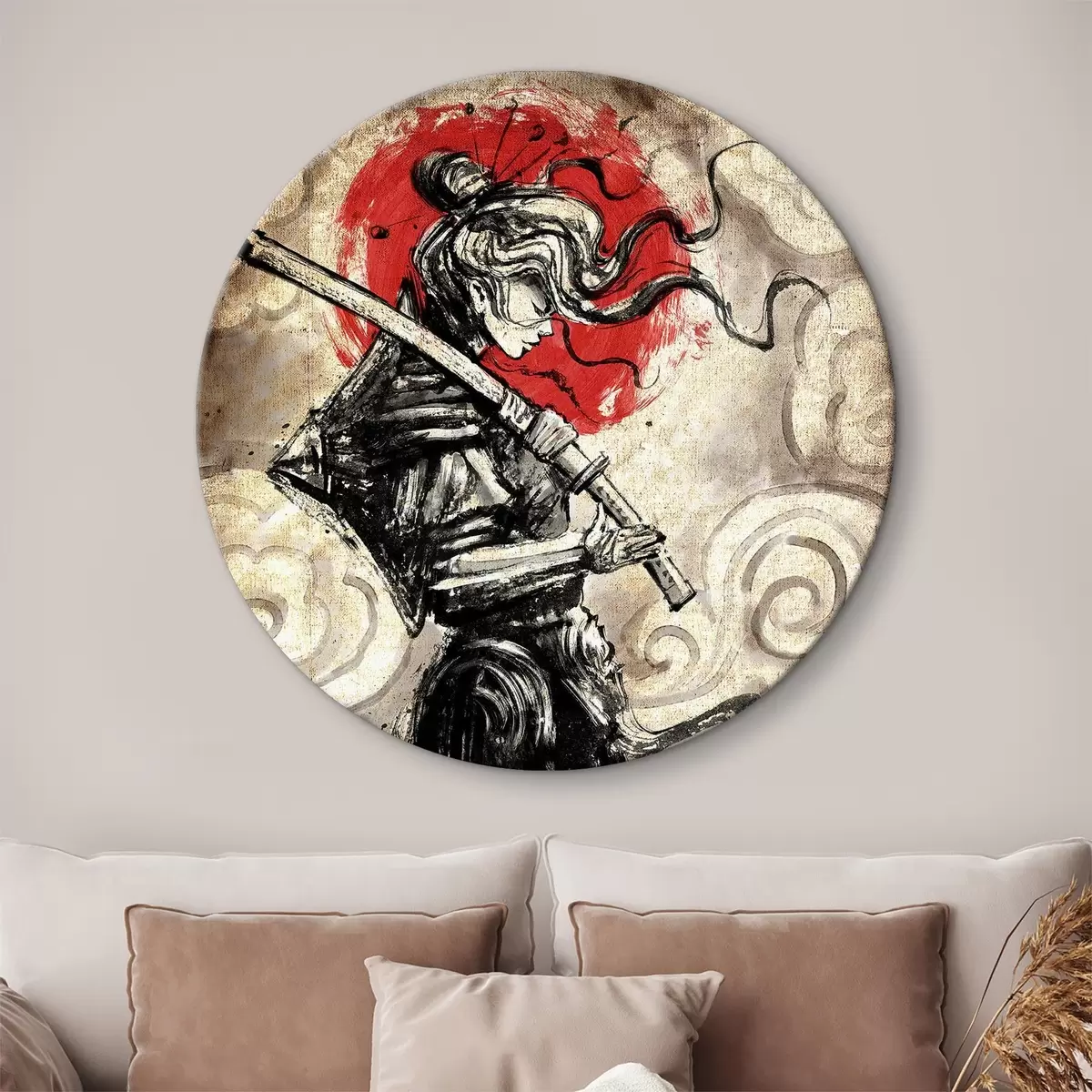 Quadri rotondi Bella ragazza samurai con una katana sulla spalla r33060