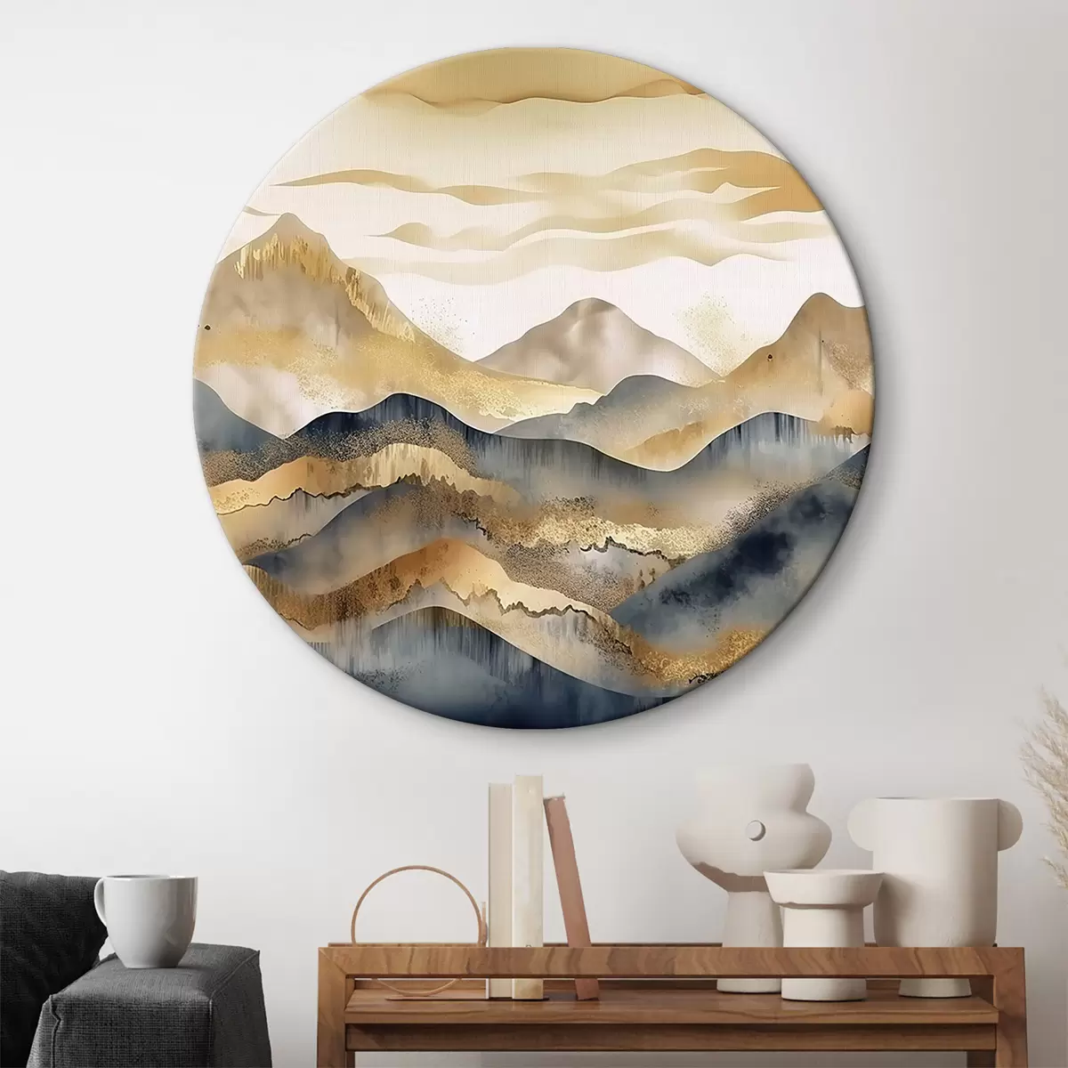Quadri rotondi Sfondo astratto di montagne in beige e grigio con elementi dorati su sfondo bianco r34462