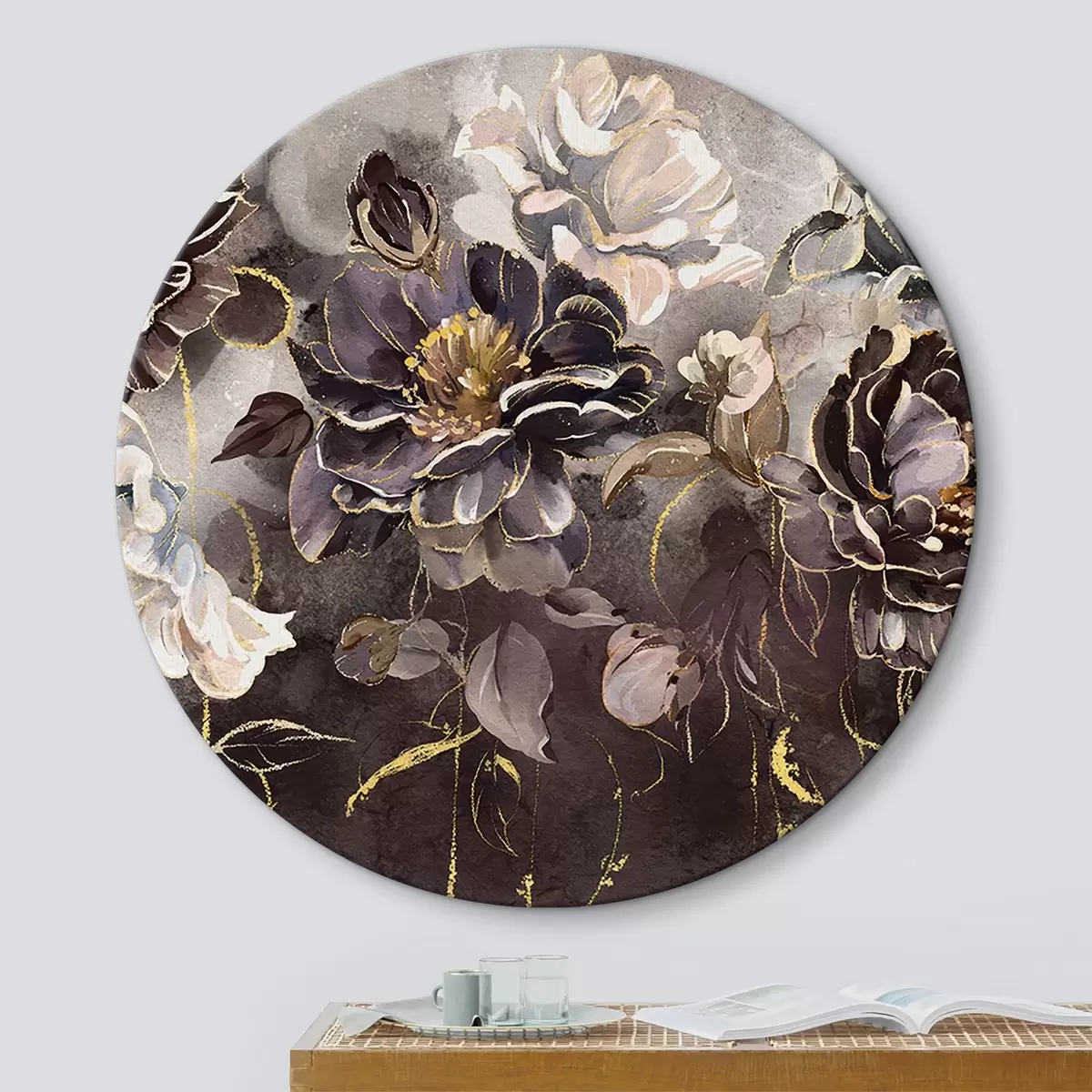 Quadri rotondi Pittura ad olio con fiore di rosa, foglie r34594