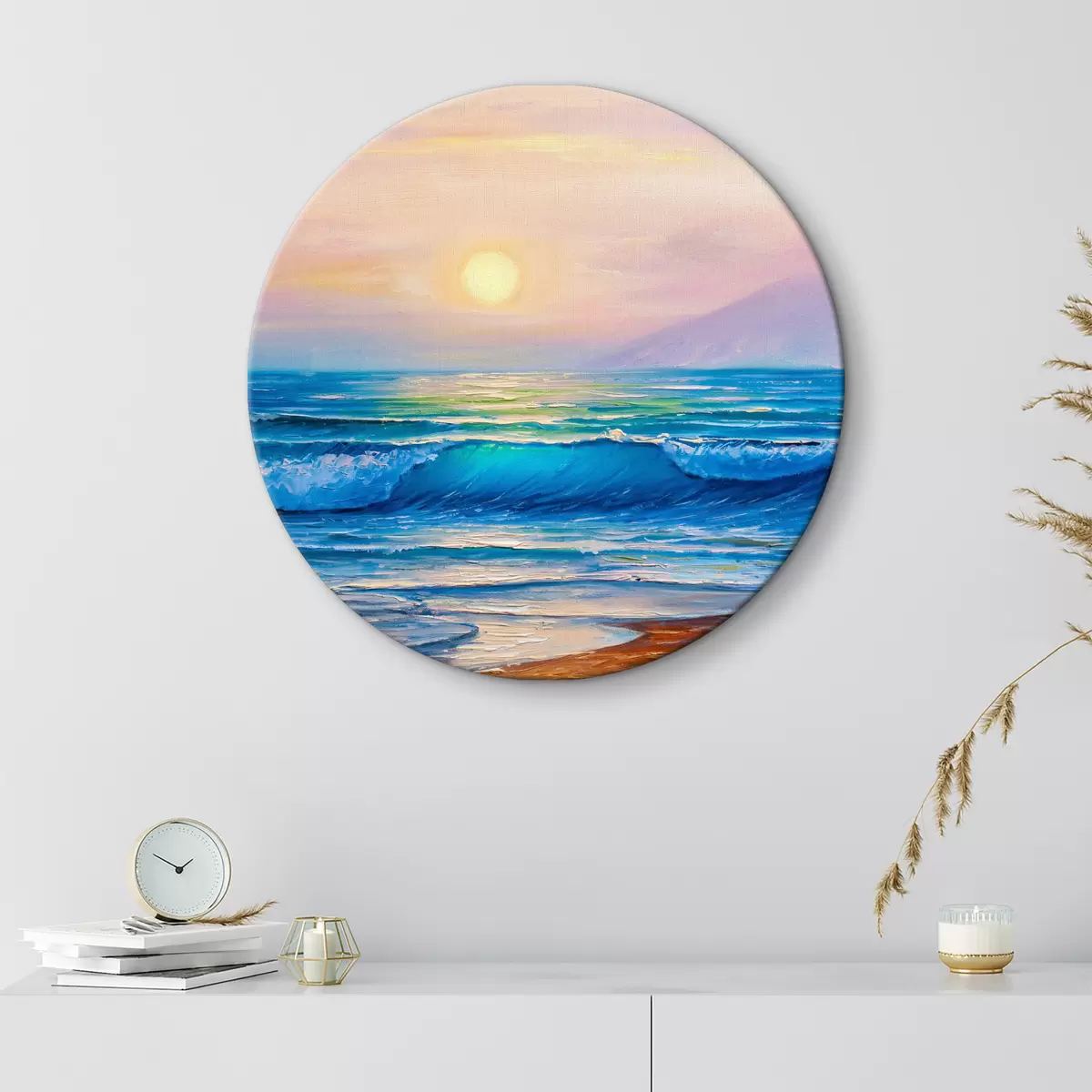 Quadri rotondi Tramonto rosa sullo sfondo del mare r35378