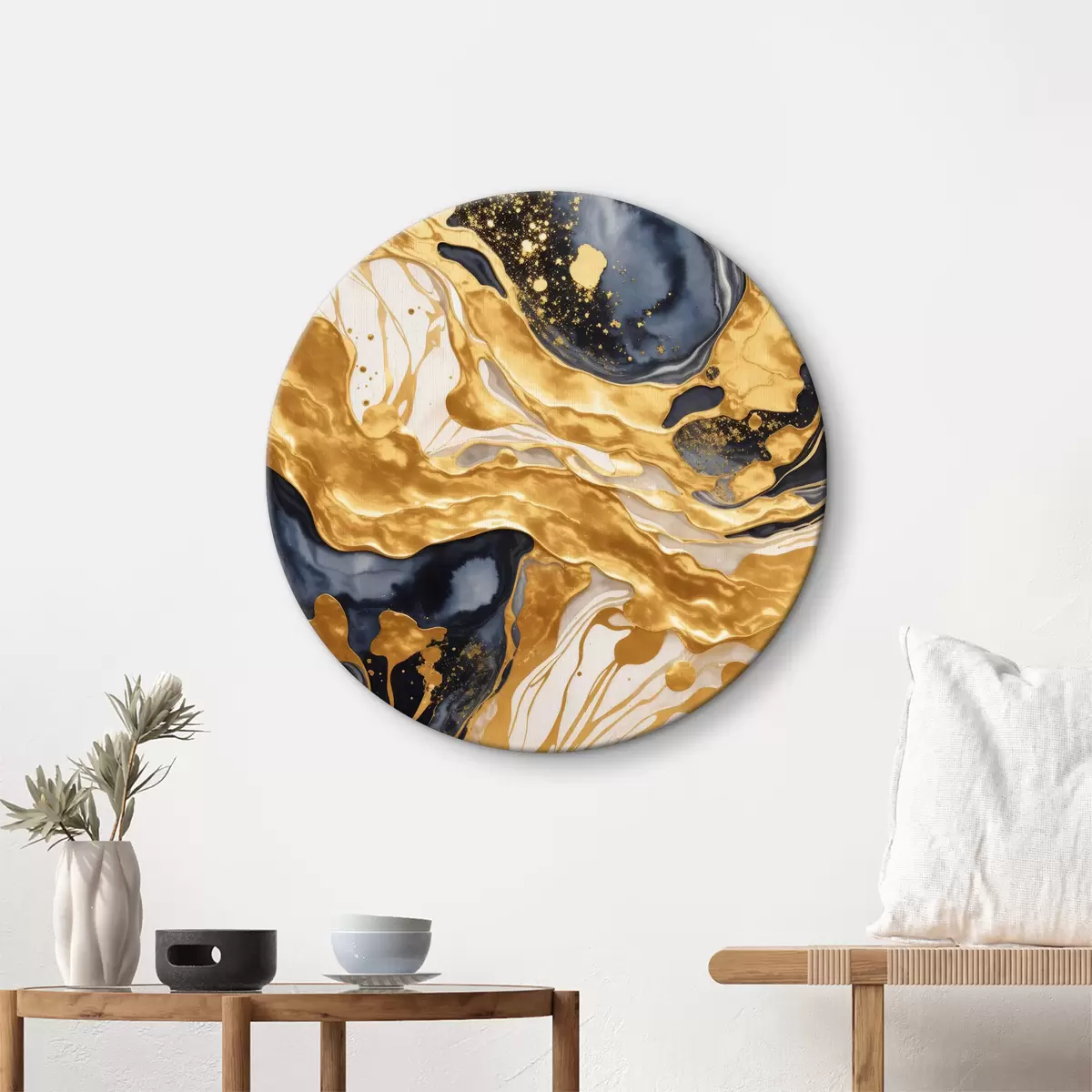 Quadri rotondi Trasfusione di colori oro, bianco e nero r35659