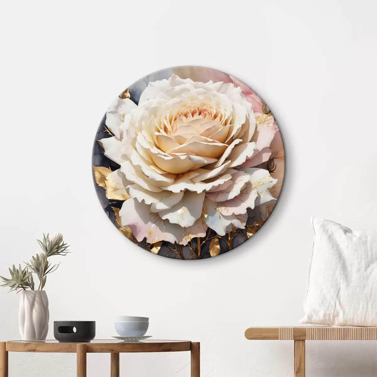 Quadri rotondi Rosa bianca ad acquerello con foglie dorate r35662