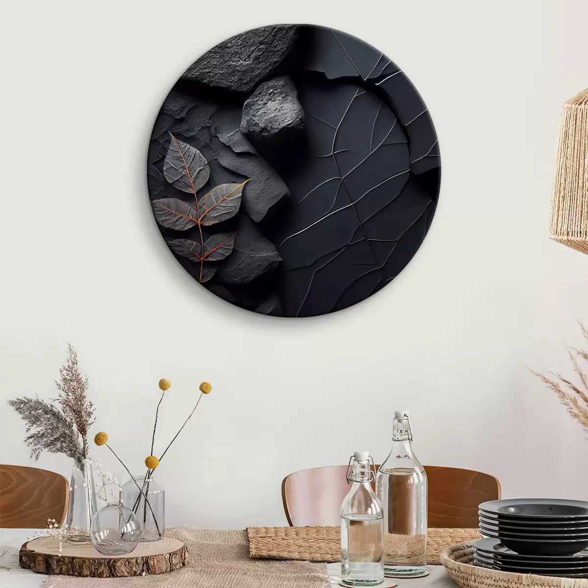 Quadri rotondi Foglie su terra nera e dura r35706