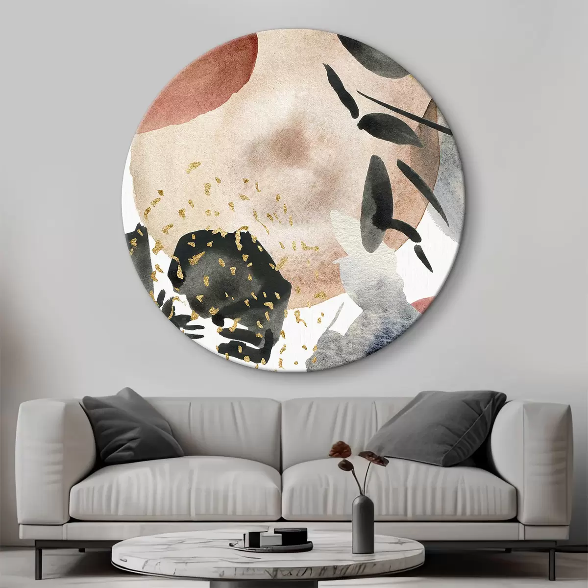 Quadri rotondi Poster astratto ad acquerello con macchie rosse, nere, beige e oro r35937