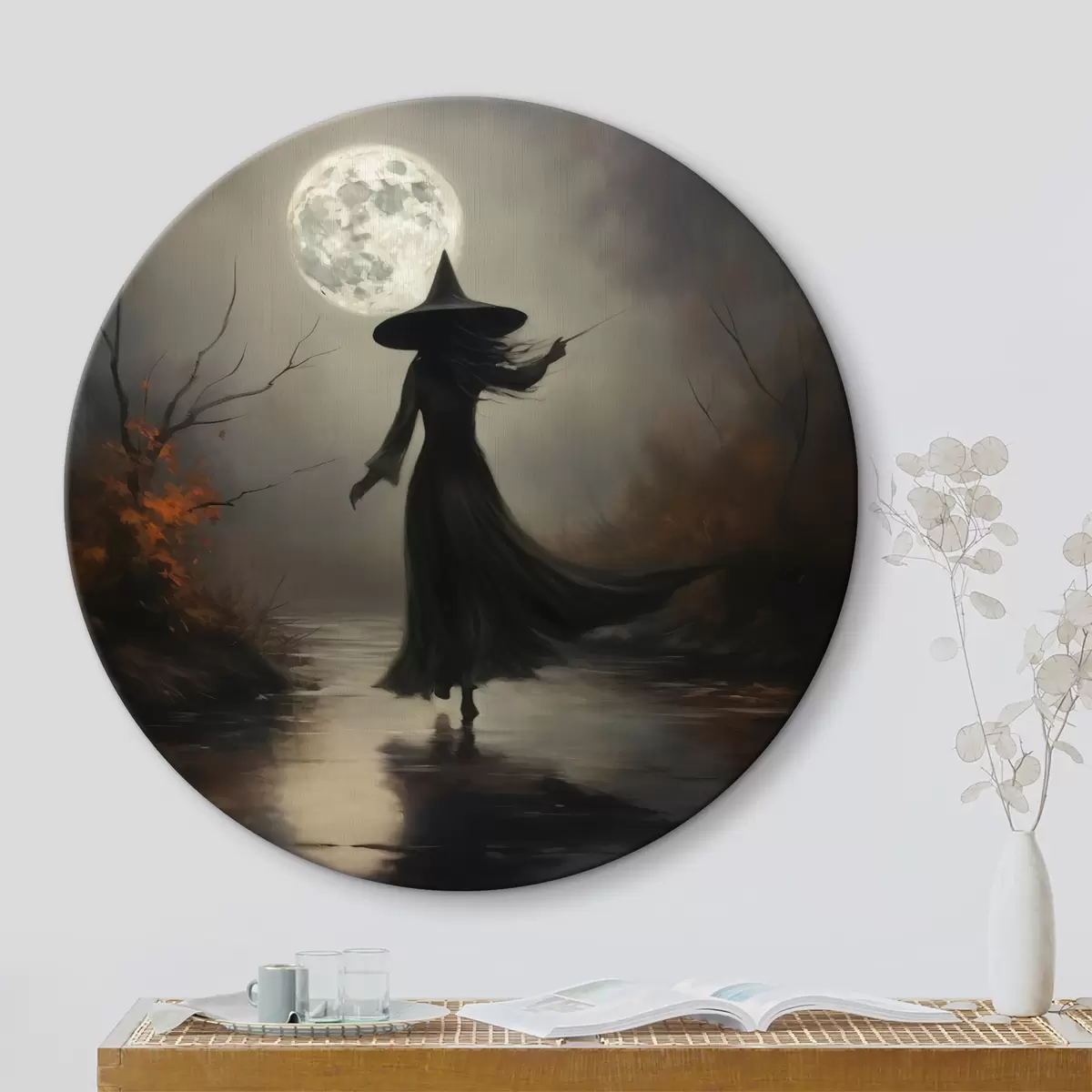 Quadri rotondi Halloween 🎃 Luna piena e strega r35970