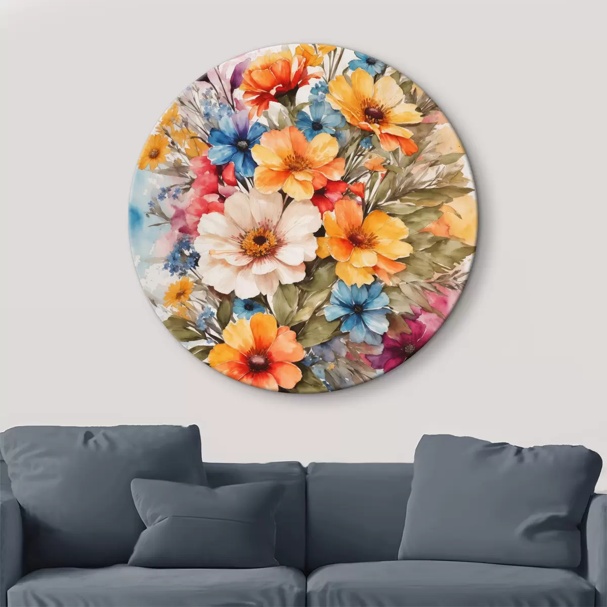 Quadri rotondi Bouquet acquerellato di fiori rosa, gialli, blu e rossi r36121
