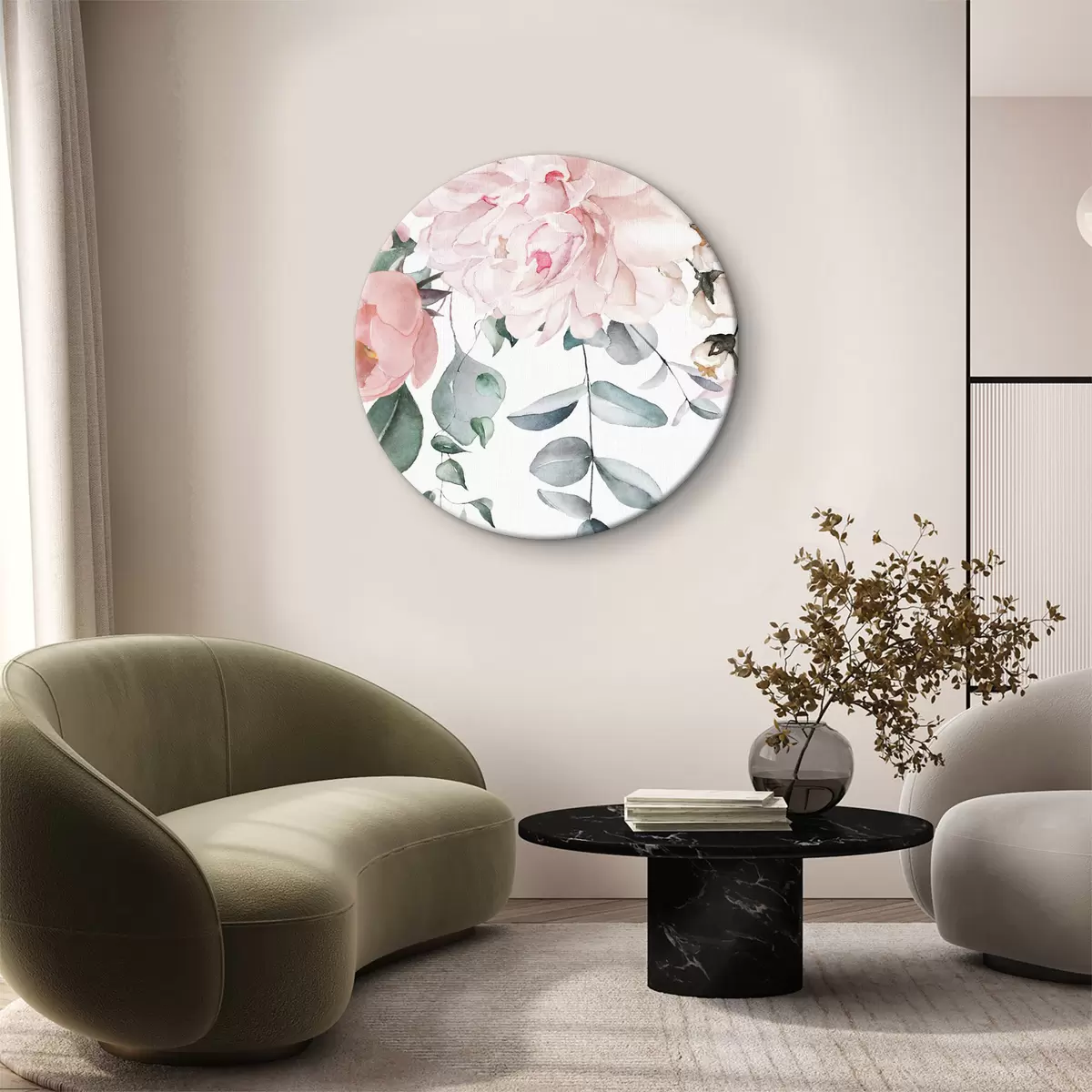 Quadri rotondi Fiore di acarella rosa sullo sfondo di foglie pendenti r36141