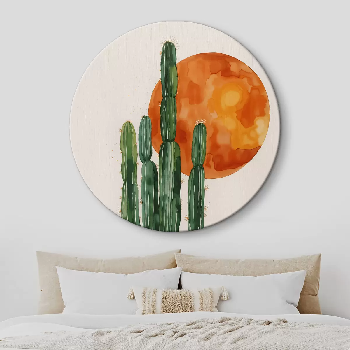 Quadri rotondi Cactus nel deserto sullo sfondo del sole in acquerello r36269