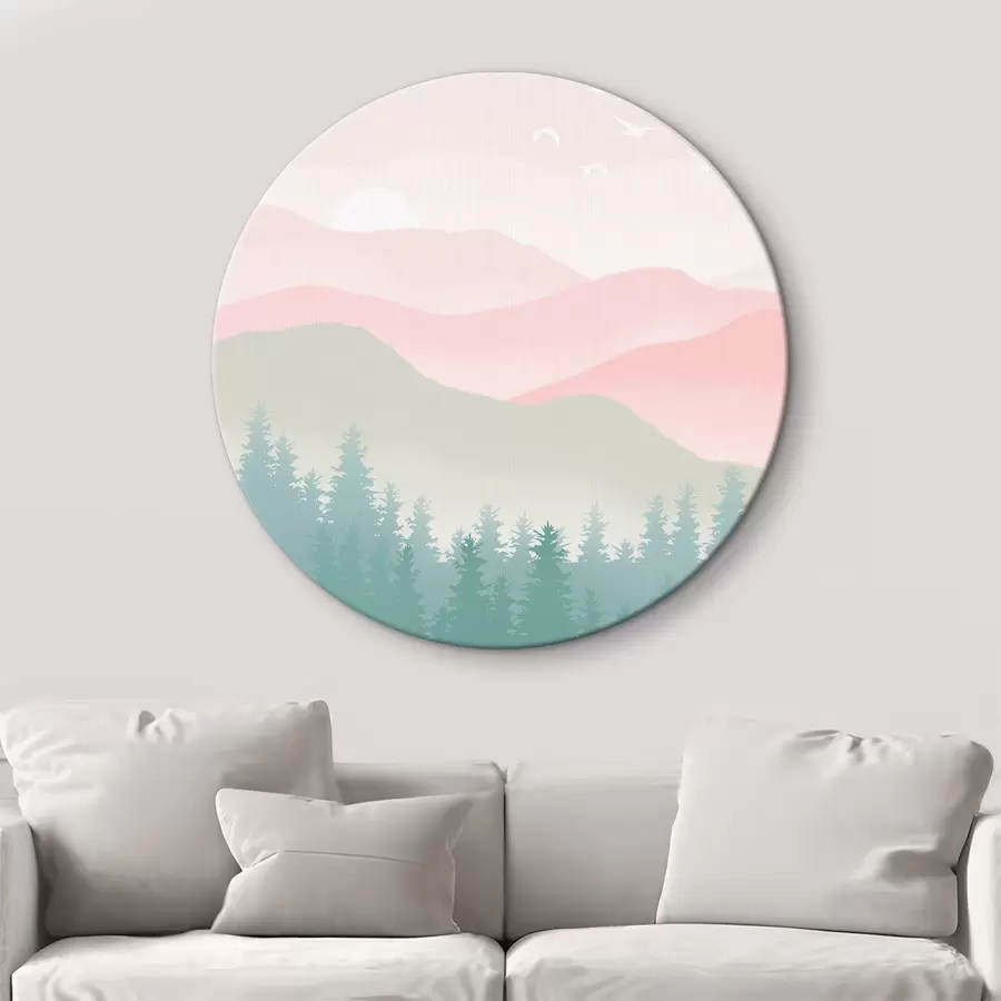 carta da parati Montagne nebbiose con foresta di pini, colori naturali tenui, rosa e verde nr. r36394