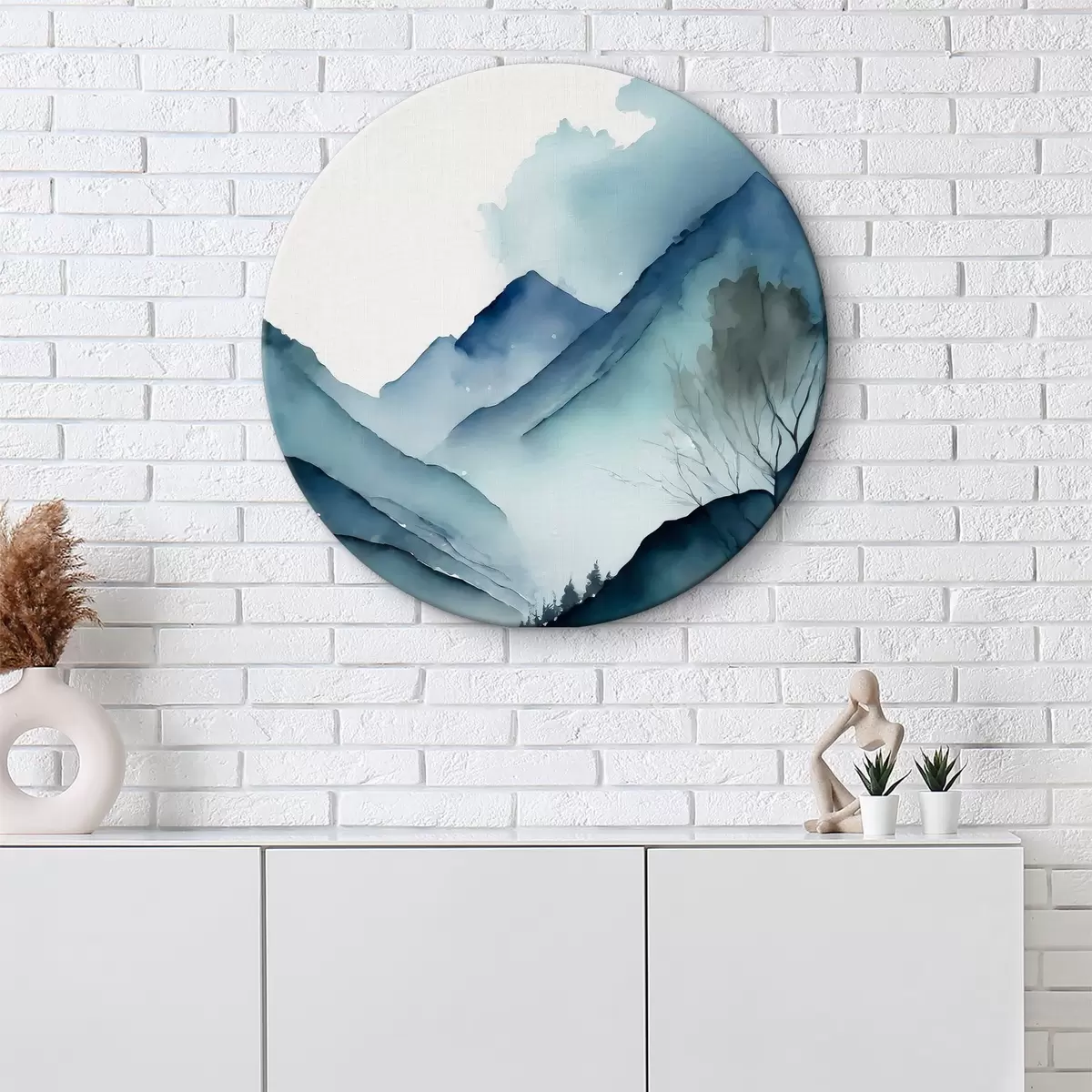 Quadri rotondi Acquerello Paesaggio montano astratto, colori grigio e acquamarina r36495