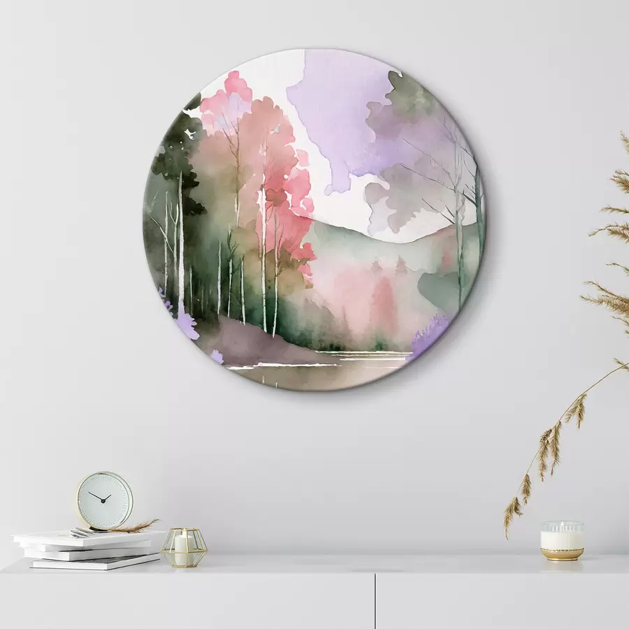 carta da parati Acquerello Lago e paesaggio forestale, primavera, delicati colori naturali nr. r36501