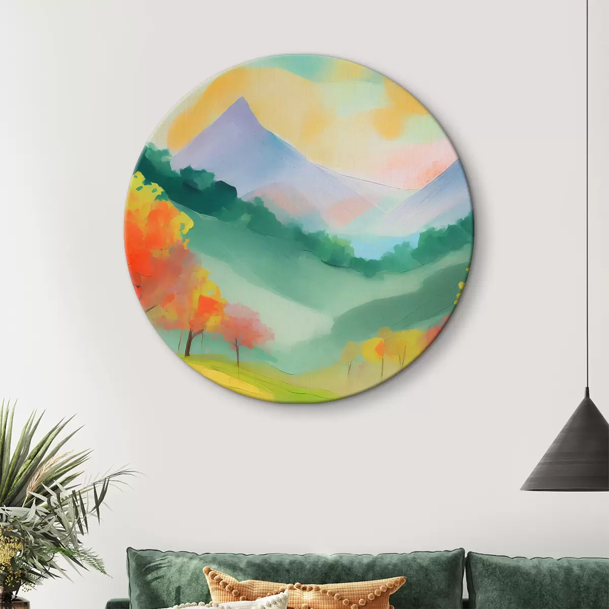 Quadri rotondi Disegno acrilico Paesaggio naturale, colori del tramonto, montagne, alberi, prato r36505