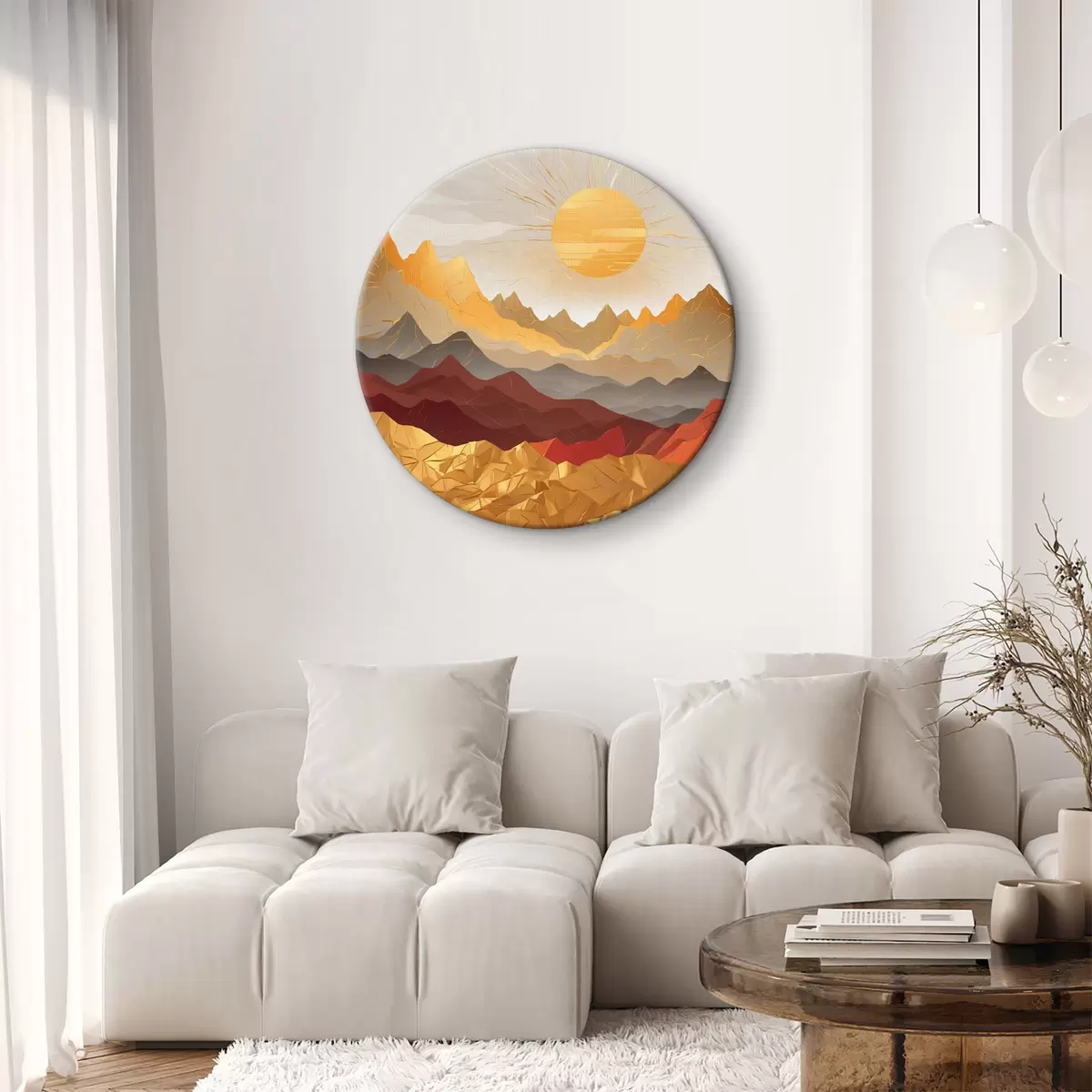 Quadri rotondi Alba su un paesaggio montano geometrico r36529