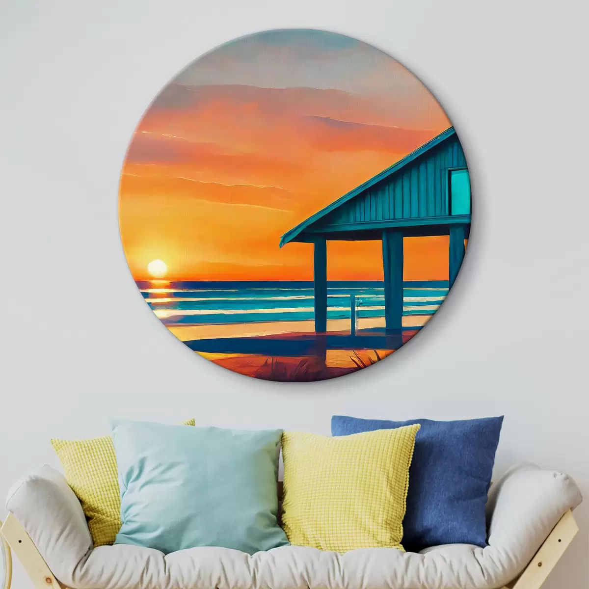 Quadri rotondi I colori del tramonto in un cottage sull'oceano r36580