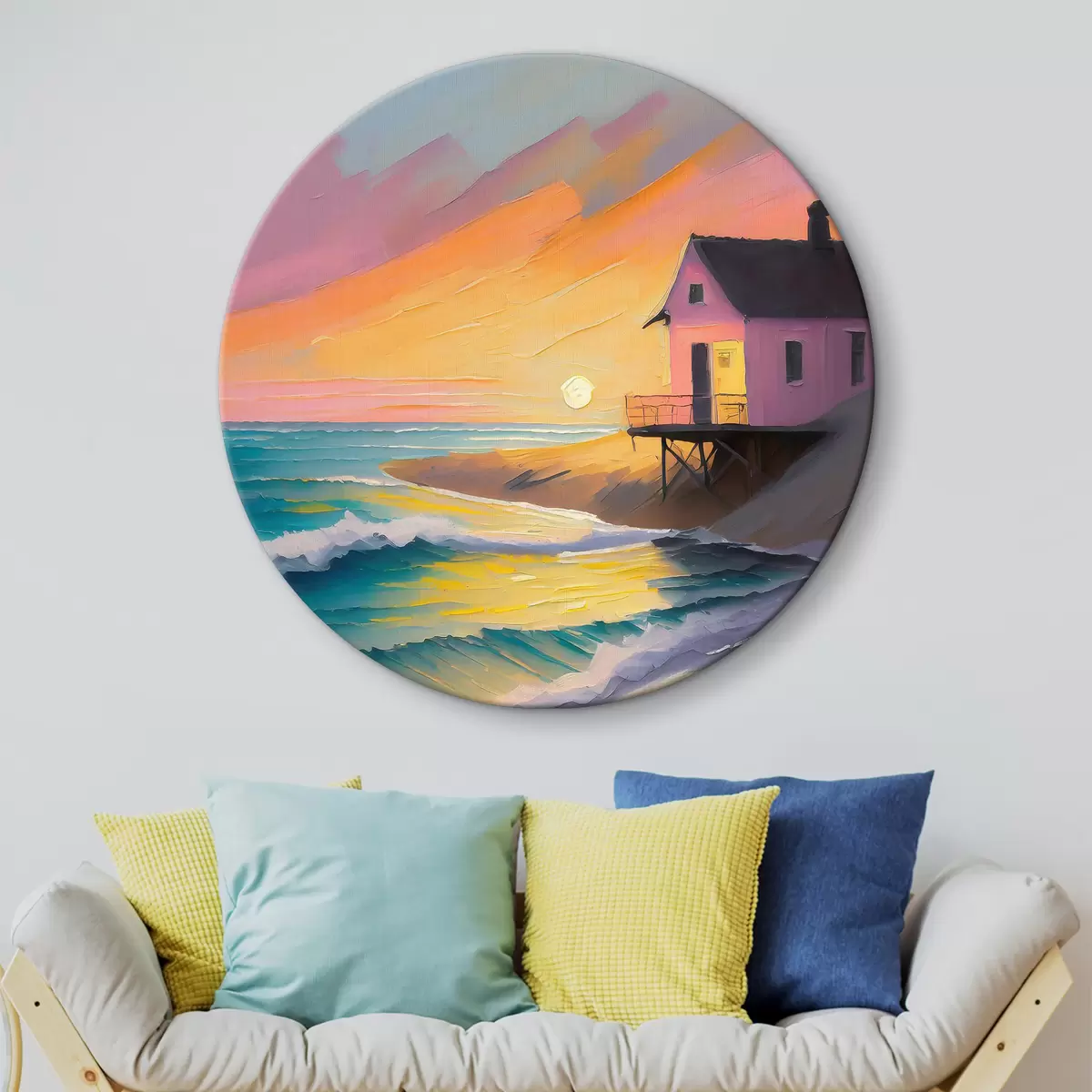 Quadri rotondi I colori del tramonto in un rifugio sul mare r36583