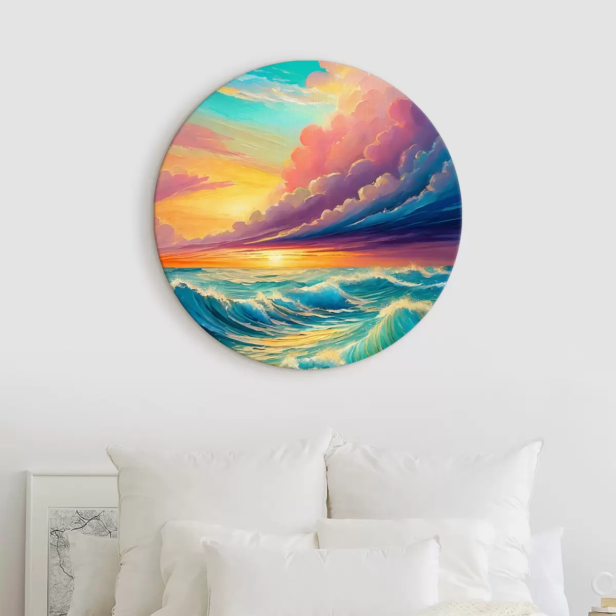 Quadri rotondi Le onde al tramonto danzano sotto il cielo dipinto r36588