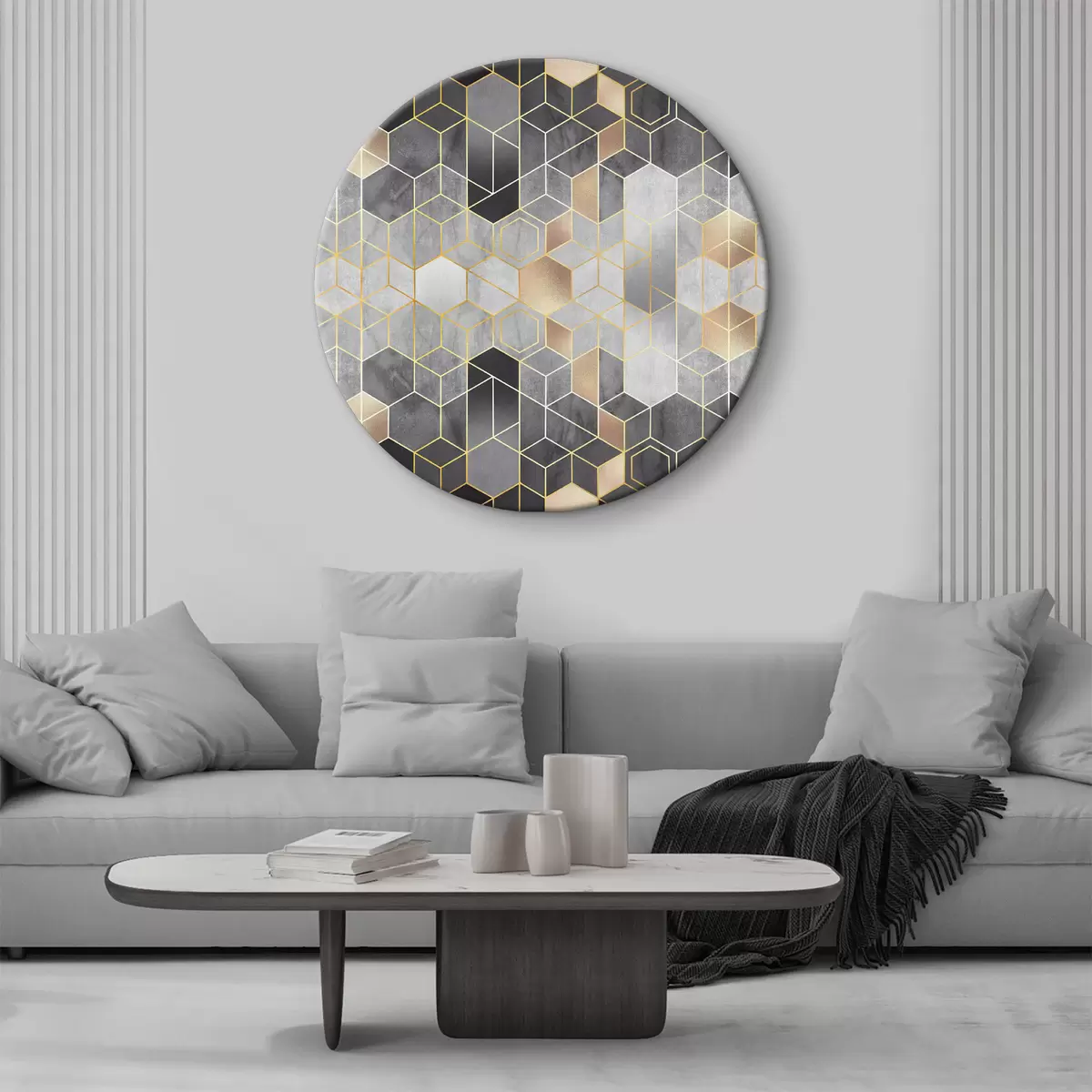 Quadri rotondi Elegante motivo esagonale in colori neutri r36602