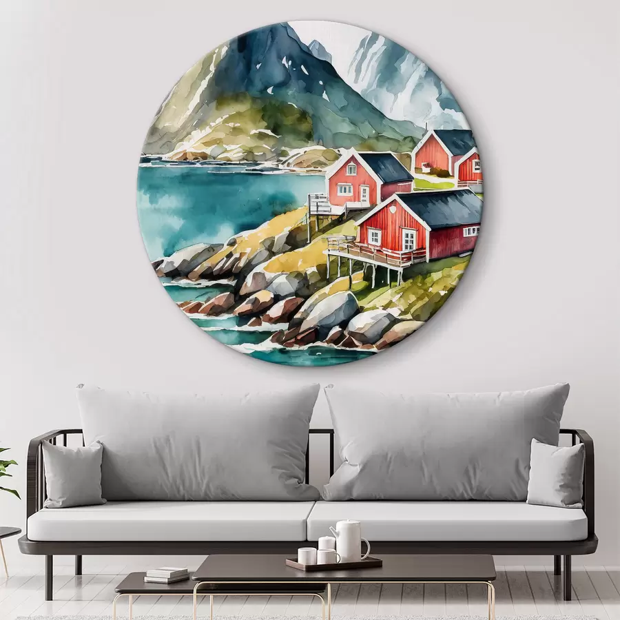 carta da parati Acquerello di case su una collina vicino a un lago artificiale nr. r36678