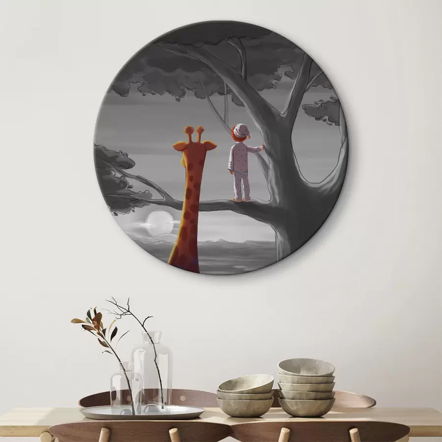 carta da parati Giraffa e bambino in piedi su un albero nr. r36700