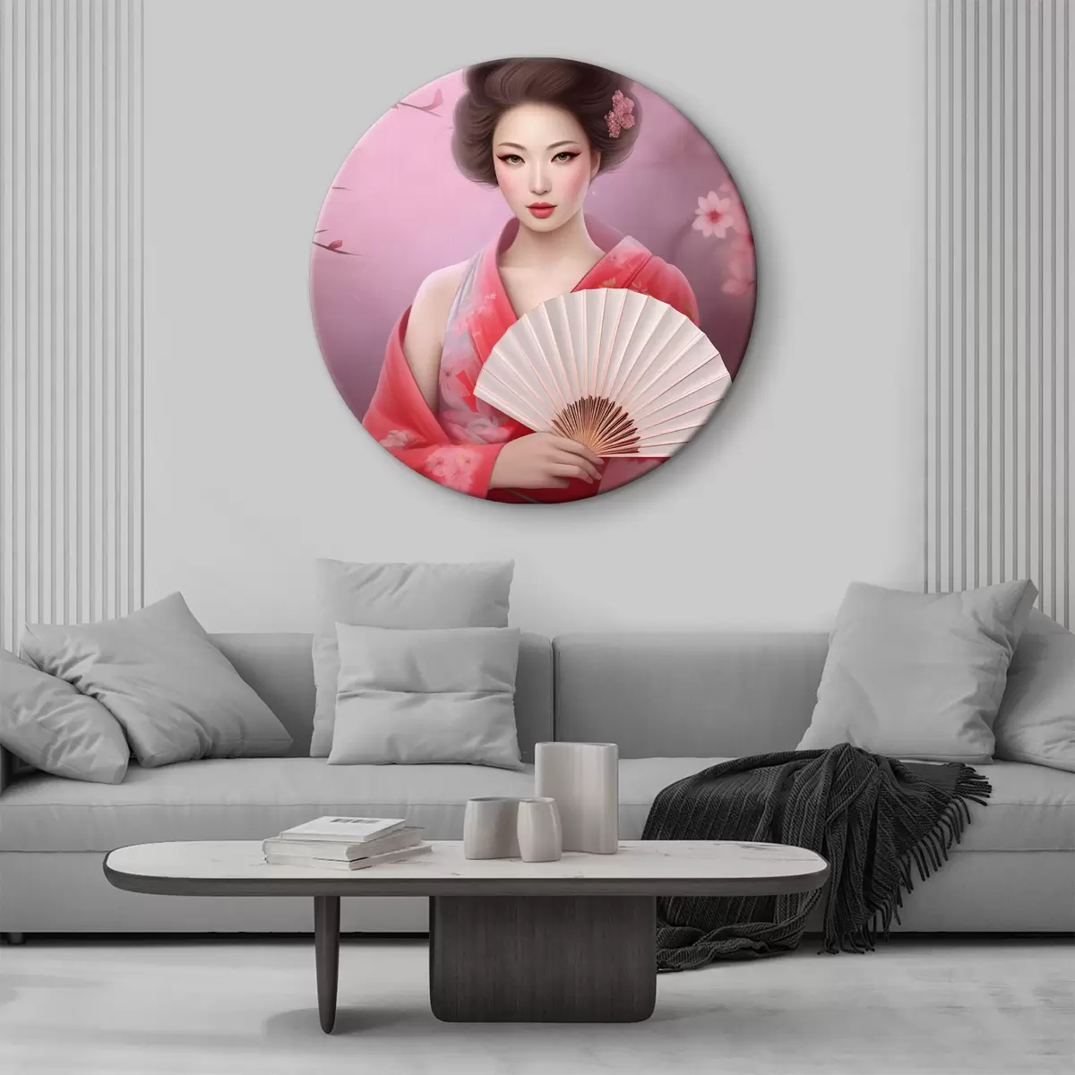 Quadri rotondi Una donna in kimono con un ventaglio in mano r36804