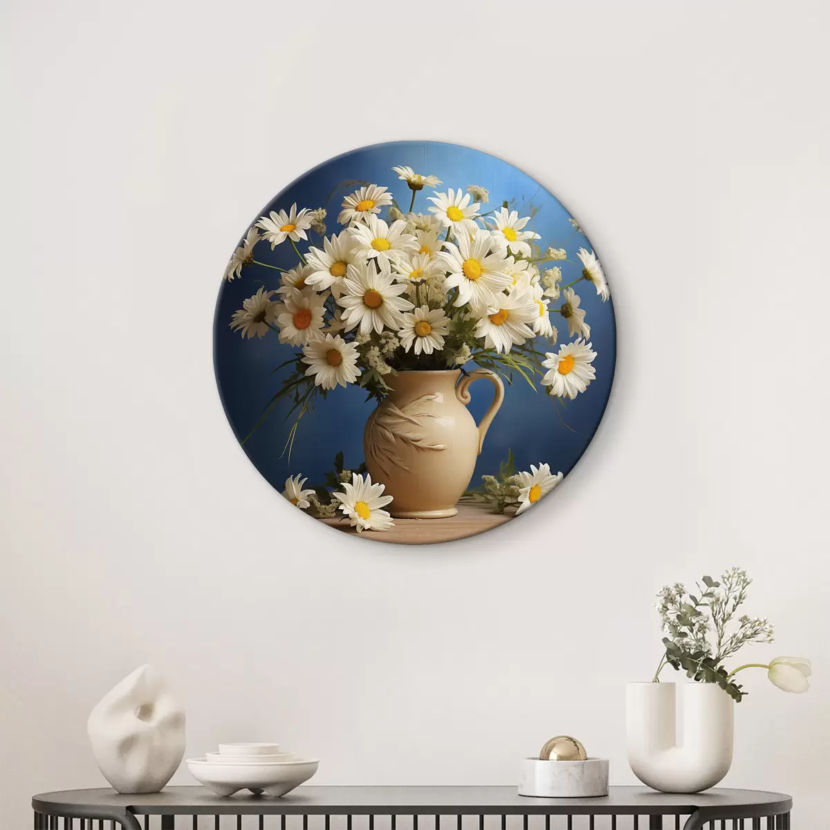Quadri rotondi Un meraviglioso bouquet di margherite bianche su sfondo blu r36814
