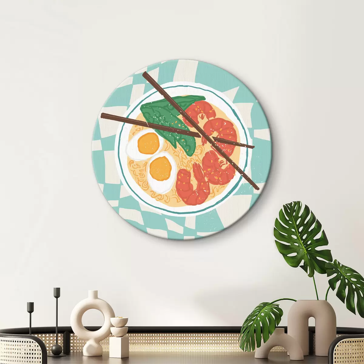 Quadri rotondi Elegante poster di cibo ramen, stile retrò, pop art r36863