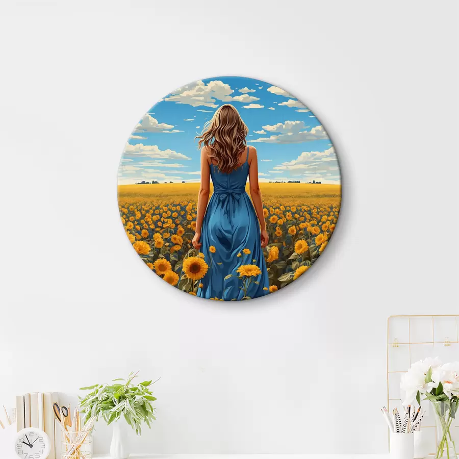 carta da parati Donna in abito blu in un campo di girasoli nr. r37164