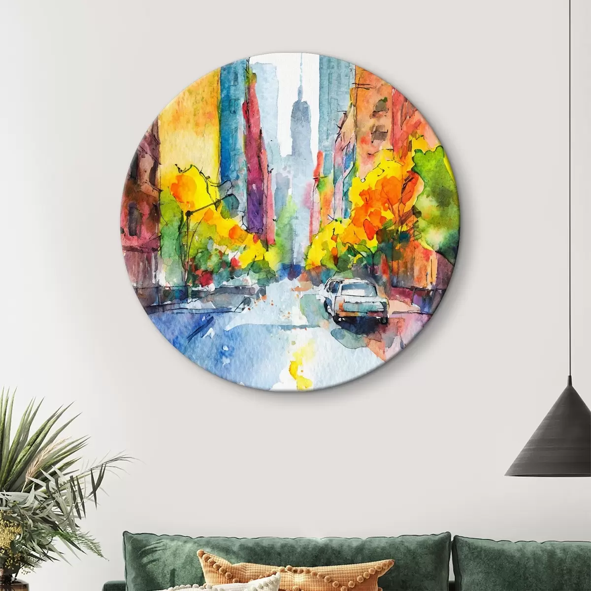 Quadri rotondi Acquerello di New York, strade con grattacieli, arte astratta r37345