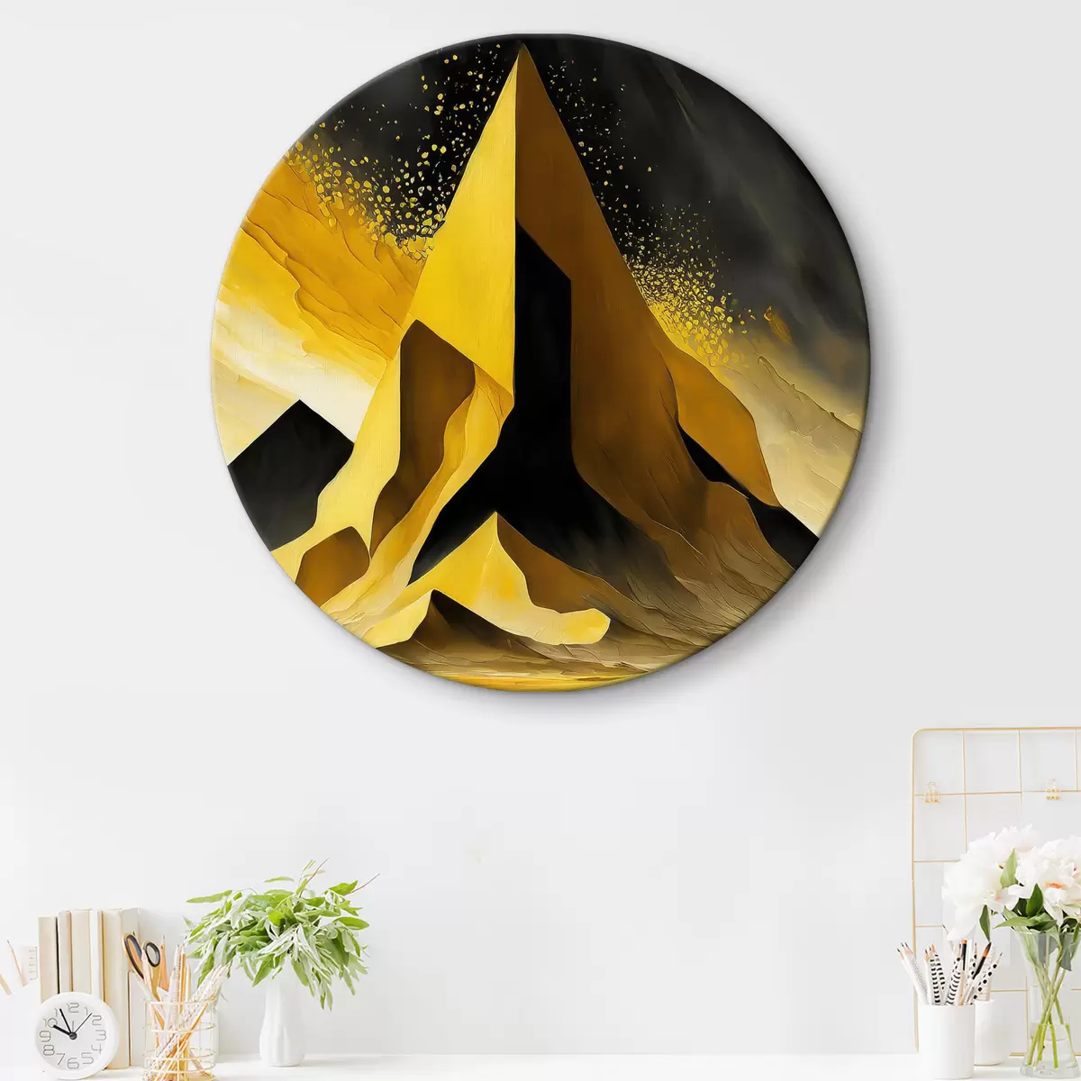 Quadri rotondi Arte geometrica dorata, astrazione spaziale, futuristica, deserto con rocce r37365