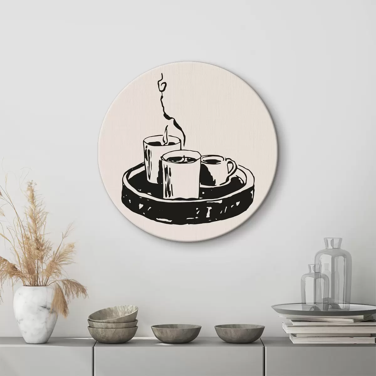 Quadri rotondi Disegno di un vassoio con tazze da caffè r37405