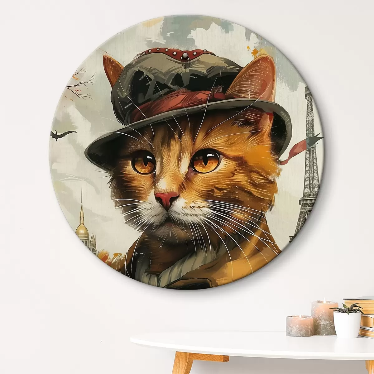Quadri rotondi Gatto con cappello e cappotto r37457