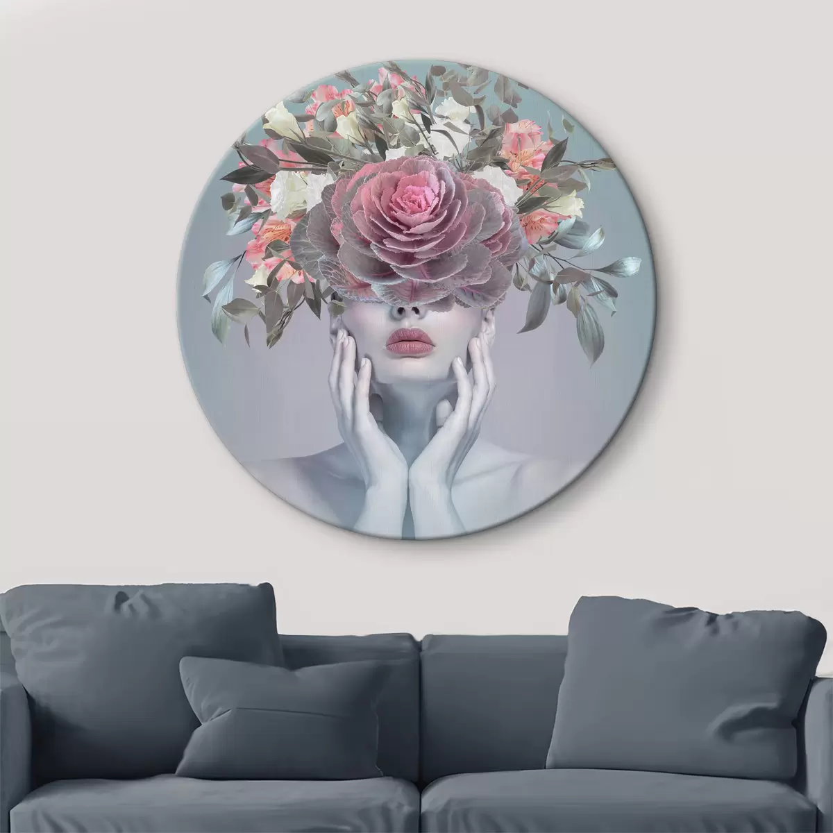 Quadri rotondi Donna con fiori in testa r37479