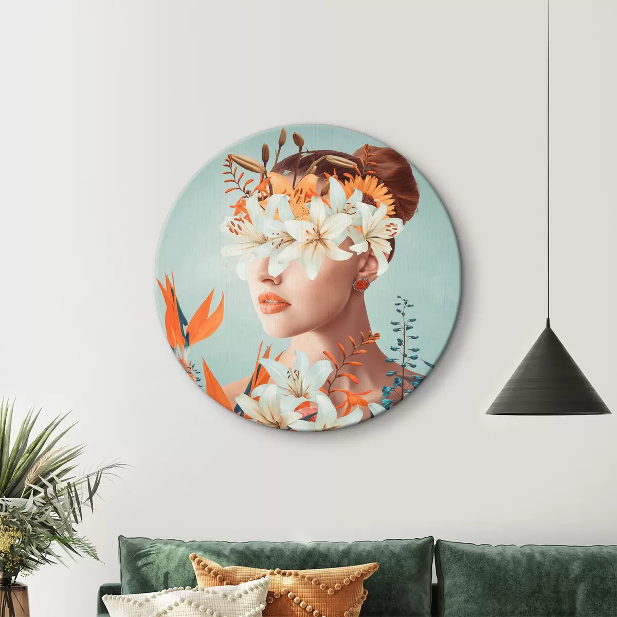 Quadri rotondi Donna con fiori intorno agli occhi r37480