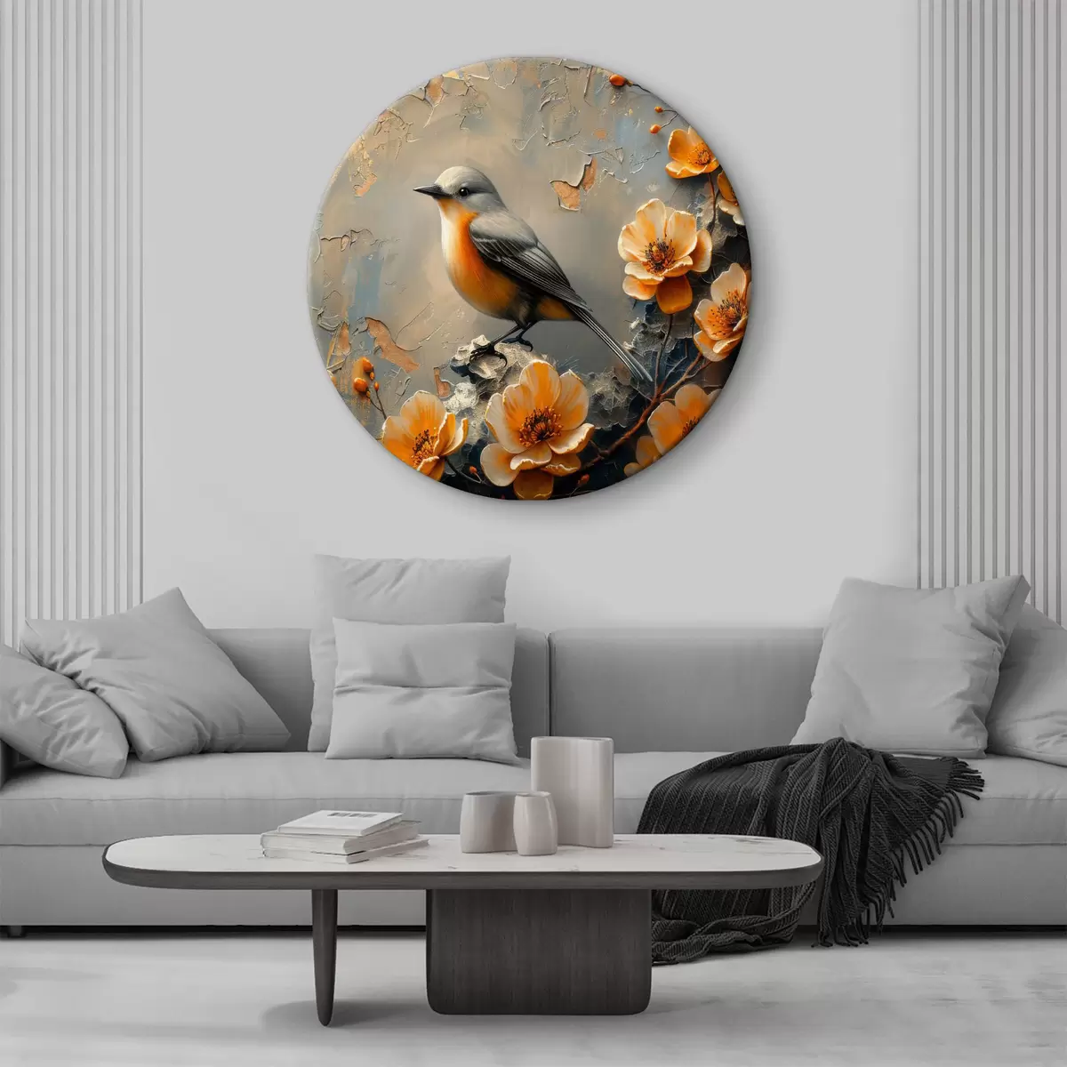 Quadri rotondi Uccello su un ramo con fiori r37770