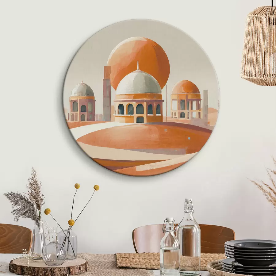 carta da parati Paesaggio desertico con edifici e una grande palla arancione nr. r37812