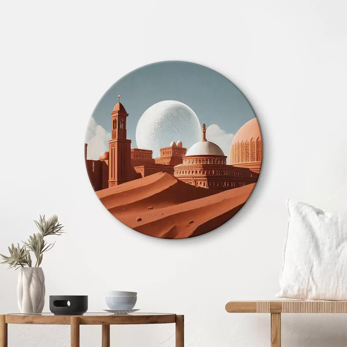 Quadri rotondi Paesaggio desertico con edifici e una grande palla bianca r37814