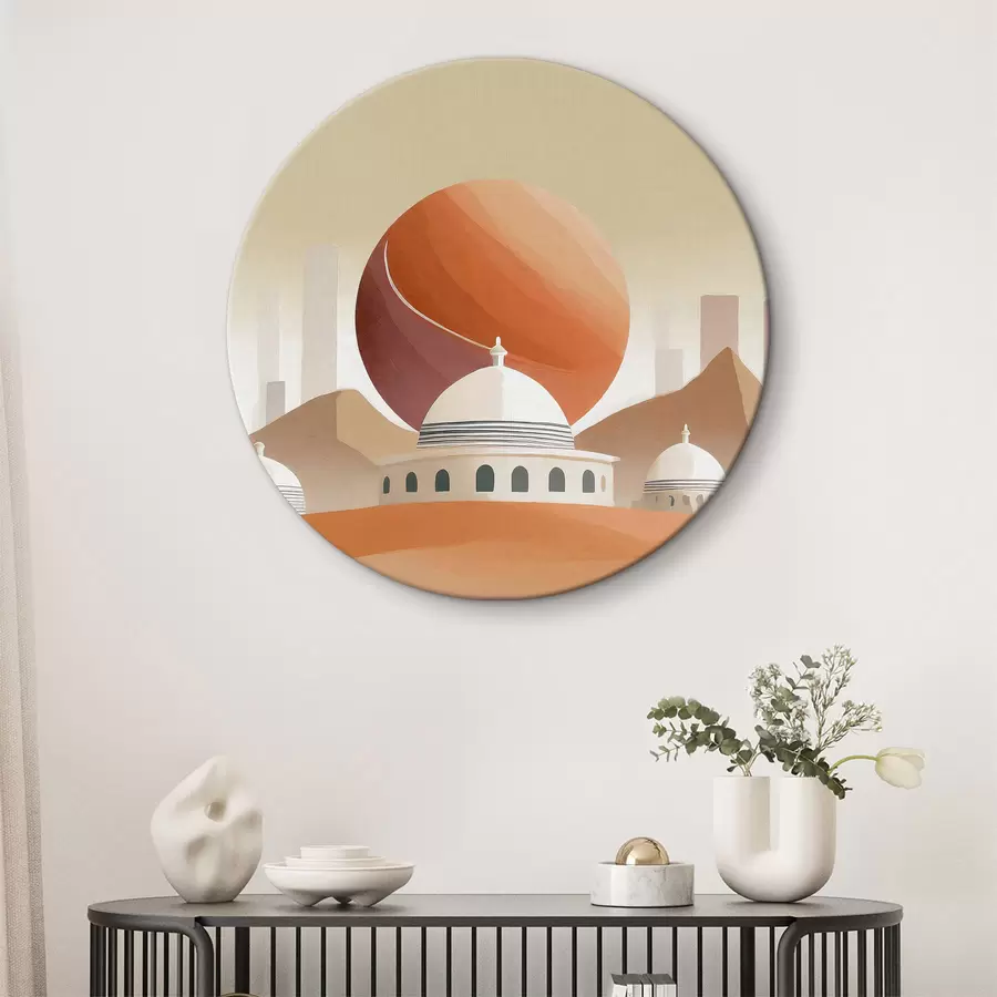 carta da parati Paesaggio desertico con edifici e una grande palla rossa nr. r37817