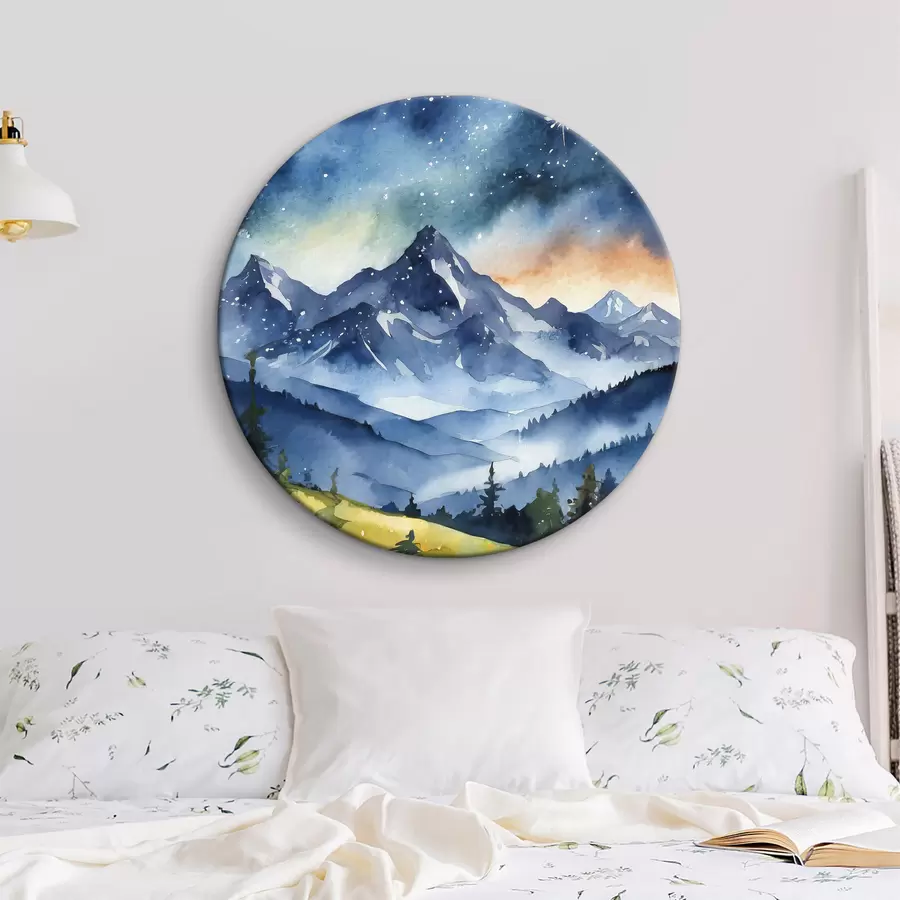 carta da parati Acquerello paesaggio montano, foresta, cielo notturno stellato, colori del tramonto nr. r37946