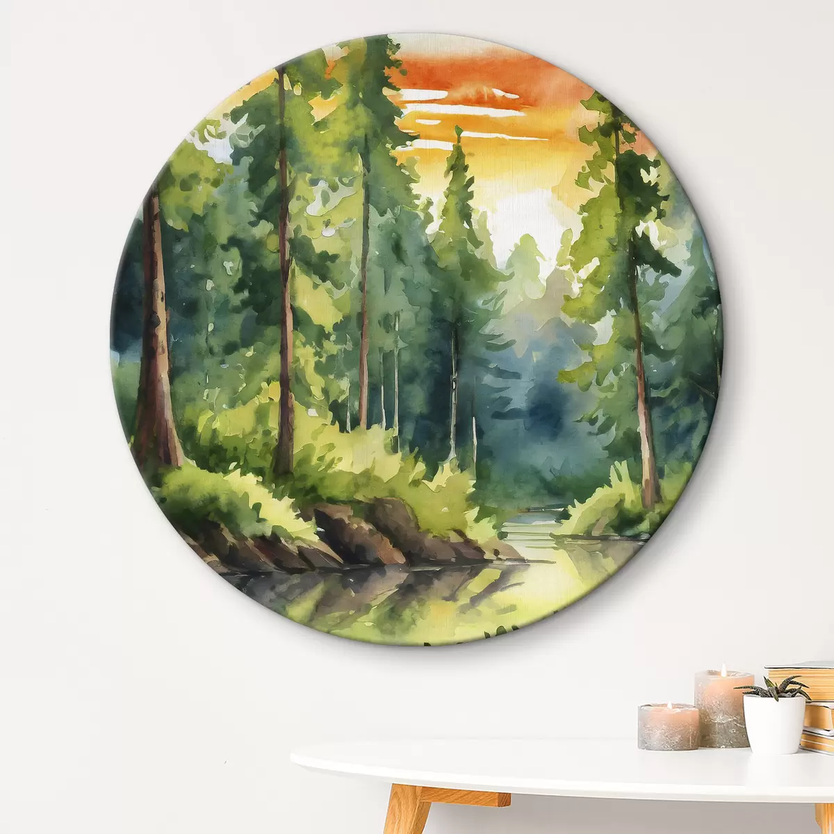 Quadri rotondi Una foresta tranquilla vicino a un fiume calmo r37948