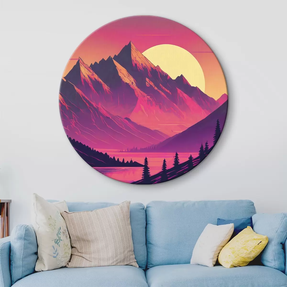 Quadri rotondi Paesaggio montano astratto, colori vivaci, rosa, cielo al tramonto, futuristico, sole, foresta r38000